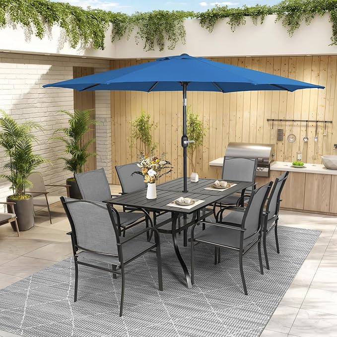 Crownland 7 Piece Patio Dining Set, Outdoor Textilene Dining Sets, 6 Textilene Metal Chairs and Rectangular Outdoor Dining Table with Dark Blue 9FT Round Outdoor Umbrella (Grey)