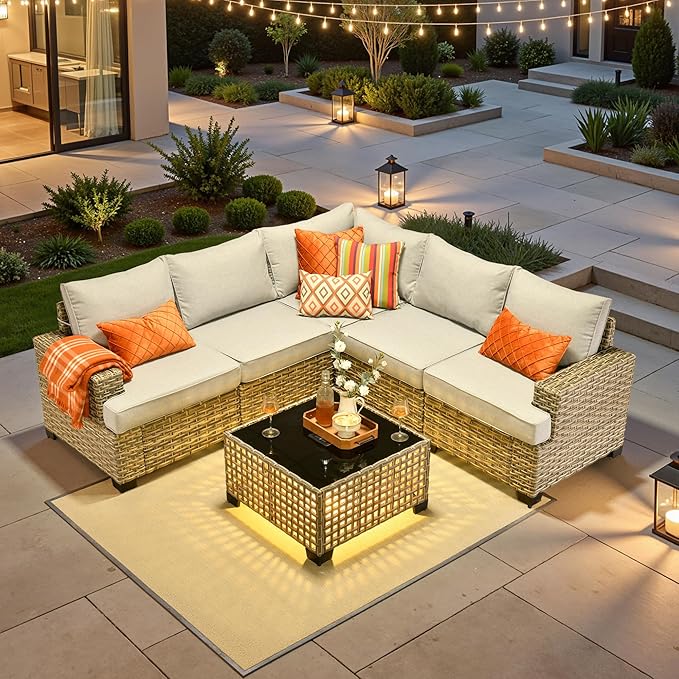 ovios 6 Piece Patio Sectional Furniture, Rattan Wicker Coversation Couch Set, Outdoor Sofa Set for Outside Porch Balcony Backyard Pool,Light Grey