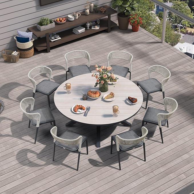 PURPLE LEAF 9 Pieces Large Round Aluminum Wicker Rattan Patio Dining Set for Lawn Porch Deck Grey