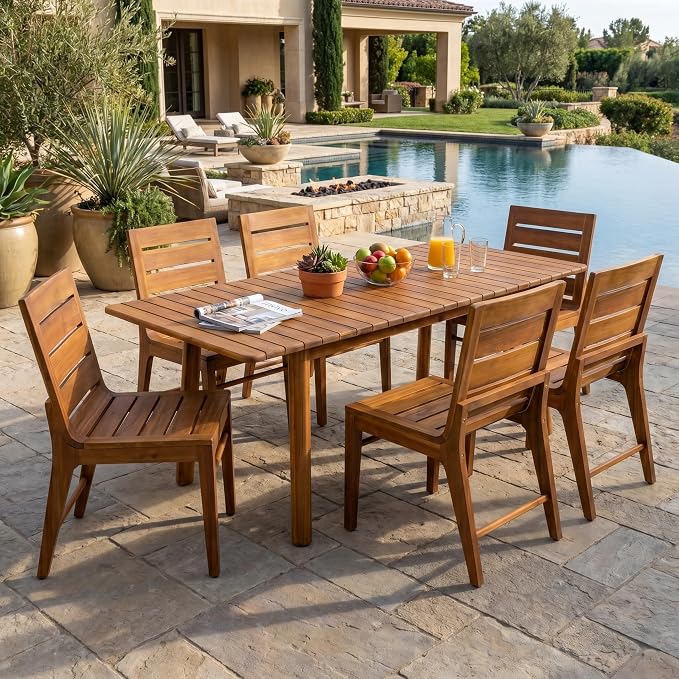 Christopher Knight Home Josie 7 Piece Acacia Wood Outdoor Dining Table Set for 6, Extendable Dining Table and 6 Armless Chairs Set with Slatted Design, Outdoor Patio Furniture Set for Dinner, Teak