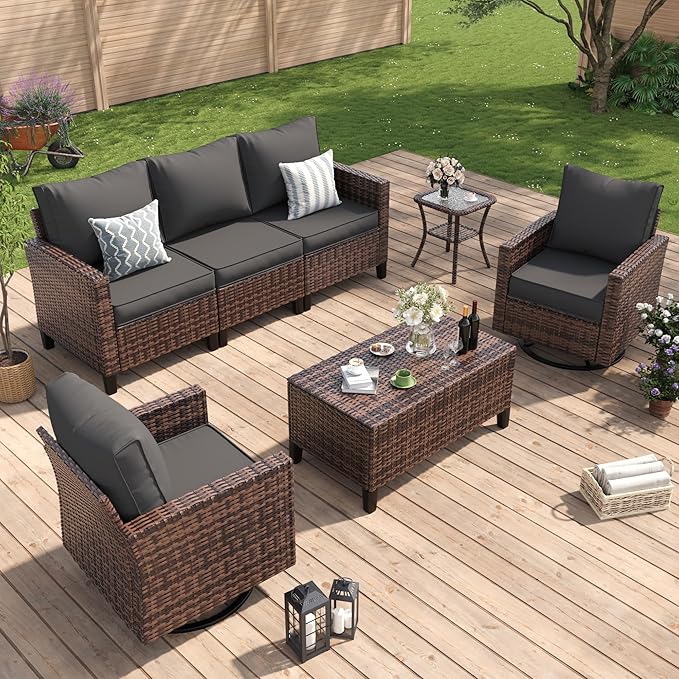 Amopatio Patio Furniture Set, 5-Piece Wicker Outdoor Sectional Sofa with Swivel Rocker Chairs, Rattan Conversation Set with Storage Coffee Table and Waterproof Cover for Backyard, Brown/Grey