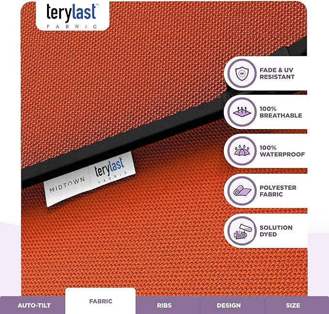Midtown Umbrellas - 10-Year-No-Fade 9 Ft Patio Umbrella with Terylast Fabric, Auto-Tilt Aluminum Frame and 8 Reinforced Ribs for Deck, Pool, Garden & Beach - Tangerine Canopy, Black Pole