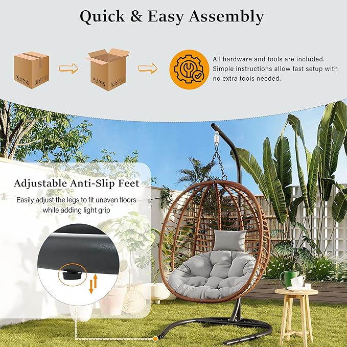 Folding Egg Chair, Outdoor Hanging Hammock Chair with Stand, Patio Wicker Hanging Chair with Iron Frame and Plush Cushion & Removable Headrest for Bedroom, Balcony, Garden (C-BrownGray)