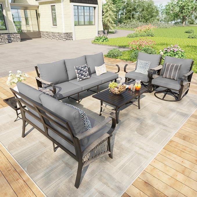 6 Pieces Patio Furniture Set, Metal Outdoor Conversation Sets with Swivel Chairs, Modern Couch Sofa Seating Group with Coffee Table and Side Table (Thick Gray Cushions)