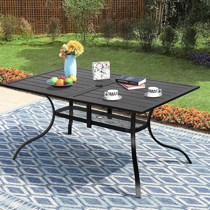 Incbruce Patio Dining Table, 60" x 36" Rectangle Metal Steel Slat Table, with 1.57" Umbrella Hole, for Backyards, Porches, Gardens or Poolside