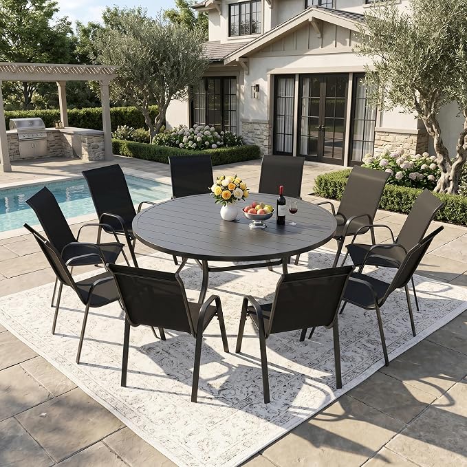DIFY 11 Piece Outdoor Dining Set, 60" Black Round Metal Patio Table and Dark Grey Textilene Stackable Chairs for 10, All Weather Patio Furniture Set with Umbrella Hole for Backyard Garden Deck