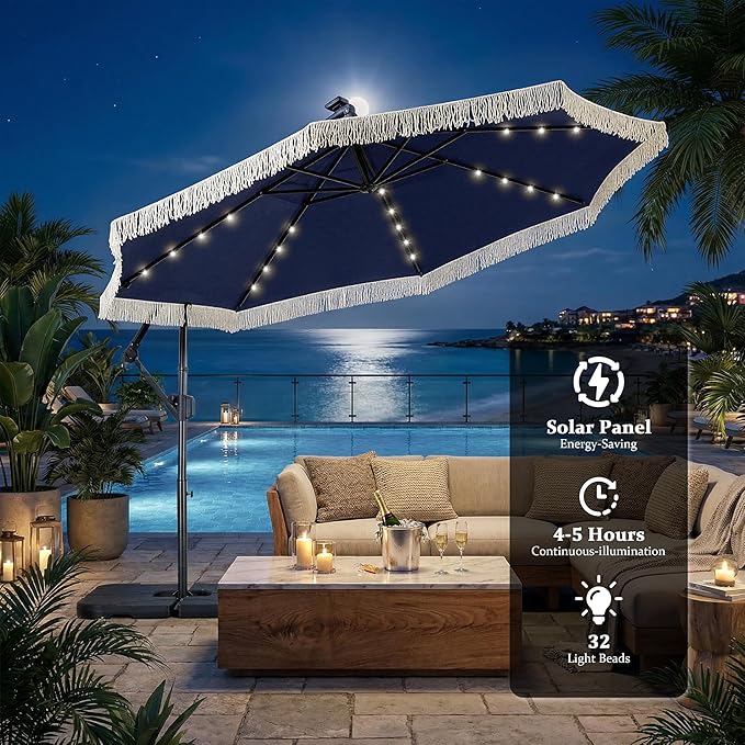 MONDAWE 10FT Cantilever Patio Umbrella with Tassels, 360° Rotation Offset Outdoor Umbrella, Heavy Duty Backyard Shade Umbrella with 180G Fabric for Patio Garden Deck