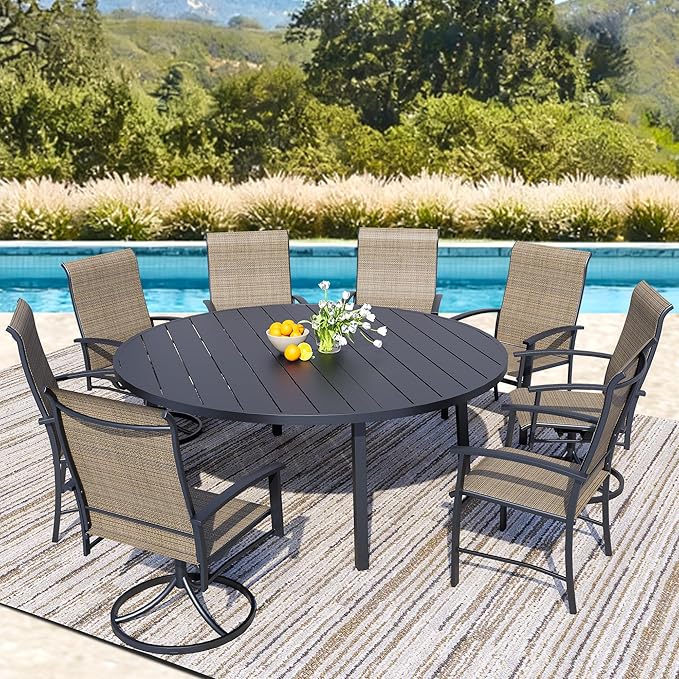 9 Piece Outdoor Patio Dining Set for 8, 60" Black Round Metal Table with 8 Mocha Chairs, All-Weather Outdoor Furniture Set for Backyard, Lawn, Deck, or Poolside