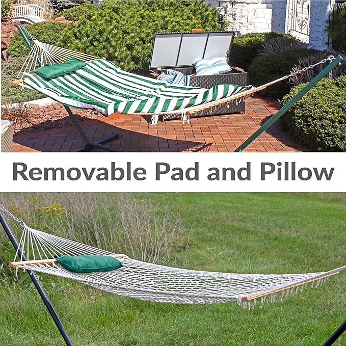 Sunnydaze Rope Hammock with Stand for Outside- 275-Pound Capacity - Includes 12-Foot Hammock Stand, Spreader Bar, Pad, and Pillow - Green & White Stripe