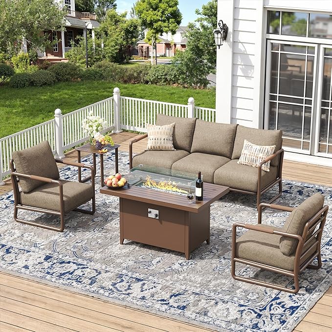 Outdoor Aluminum Patio Furniture Set, 5-Seats Patio Conversation Sofa Set with Oversized Fire Pit Table w/Glass Wind Guard, All Weather for Balcony, Garden-Brown