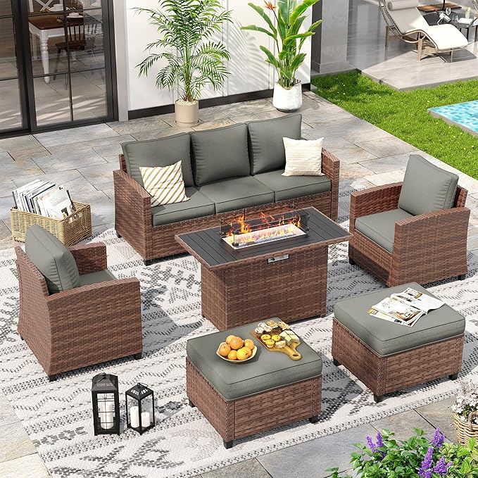 6 Pieces Patio Furniture Set with 44" Gas Fire Pit Table, Outdoor Sectional Sofas, All-Weather Wicker Rattan Sofa w/Gas Fire Pit, Ottoman, Thick Cushion, Dark Grey