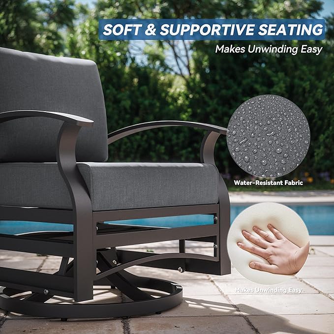 Kurapika 5 Piece Modern Metal Outdoor Conversation Sets, Patio Furniture Set, 4 Aluminum Swivel Chairs w/48in Round Propane Fire Pit Table and Thickened Cushions, Grey