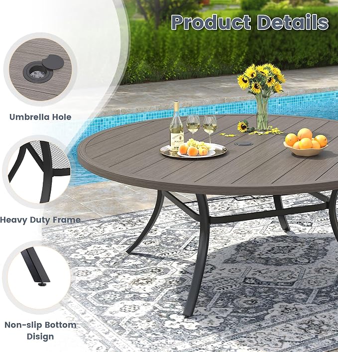 VICLLAX 63" Outdoor Patio Dining Table for 8-10, Metal Round Table with Umbrella Hole for Deck Lawn Garden Backyard, Grey