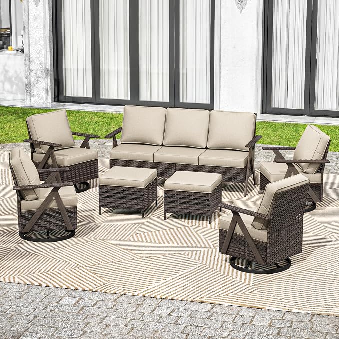 7 Pieces Patio Furniture Set,Outdoor Sofa & High Back Swivel Rocker Patio Chairs, Wicker Conversation Set with Ottoman for Deck Yard and Poolside