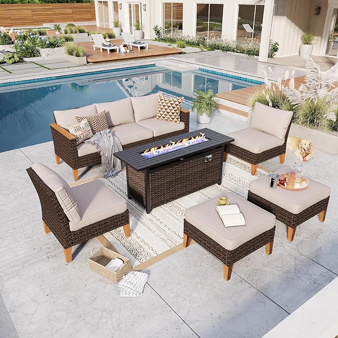 GREEN PARTY 7 Pieces Wicker Patio Furniture Set with 56" Fire Pit Table, All-Weather Outdoor Rattan Patio Sectional Sofa Conversation Set with 4" Thick Cushions for Garden, Backyard, 2 x Ottomans