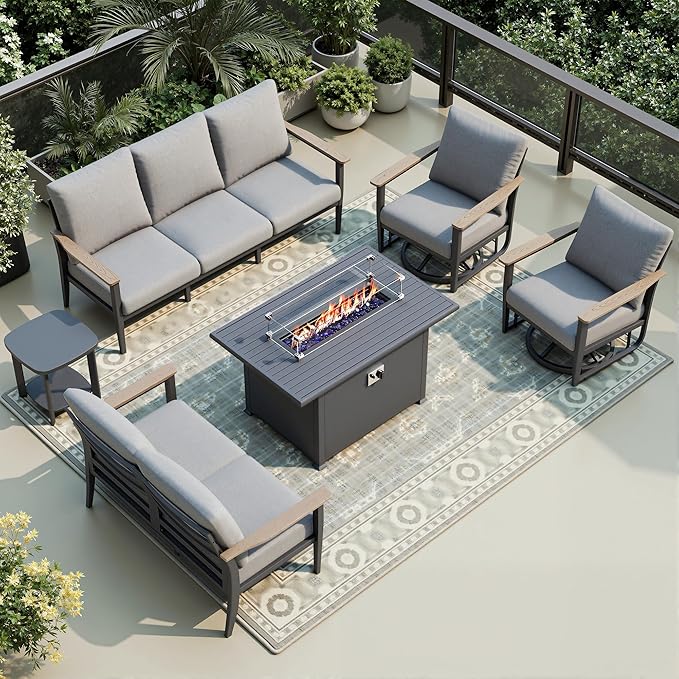 7-Seat Outdoor Patio Furniture Set with Rocking Swivel Chair, Aluminum Sectional Sofa Patio Conversation Set with 55,000 BTU Fire Pit Table & High Backrest & Thickened Cushions, Grey