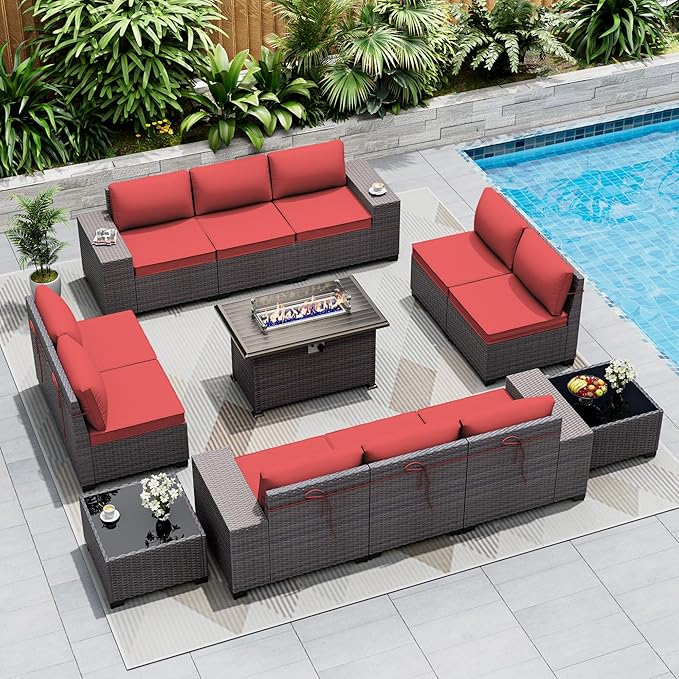 Outdoor Patio Furniture Set with Gas Fire Pit Table, 13 Pieces Outdoor Furniture Set Patio Sectional Sofa w/43in Propane Fire Pit, PE Wicker Rattan Patio Conversation Sets - Red