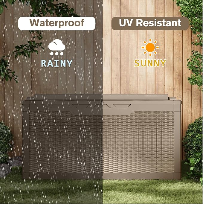 JUMMICO 100 Gallon Resin Deck Box with Cushion, Waterproof Outdoor Storage Box with Lockable Lid for Garden Tools, Patio Cushions (Light Brown)