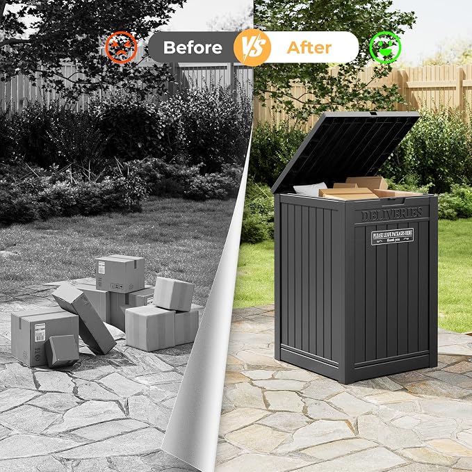 Package Delivery Box for Outside With Sign, Lockable Outdoor Storage Box Waterproof Deck Box, Large Double Wall Resin Parcel Drop Boxes, 48 Gallon, Black