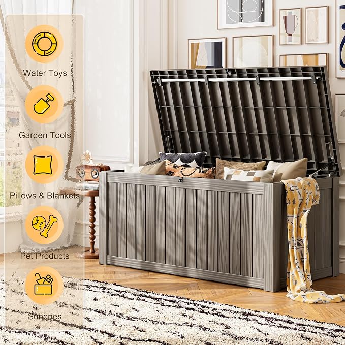 Outdoor Storage Box, 155 Gallon Resin Deck Boxes Outdoor Waterproof For Patio Furniture, Garden Tools, Pool Supplies, Lockable And UV Resistant (Striped Gray)