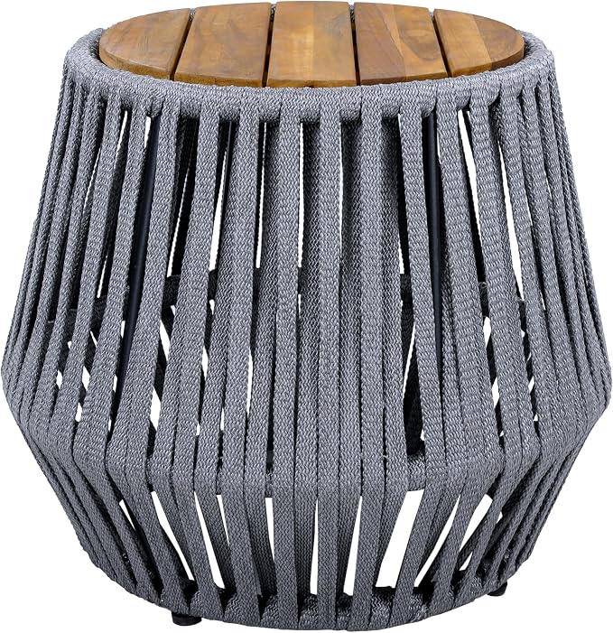 Outdoor Side Table, Acacia Wood & Grey Rope