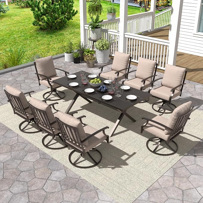 Gotland 9 Piece Outdoor Dining Set, Metal Outdoor Table and Swivel Chairs with X-Shaped Legs 1.5" Umbrella Hole, Patio Furniture Set with Waterproof Cushions, Patio Dining Sets for Backyard Deck Khaki