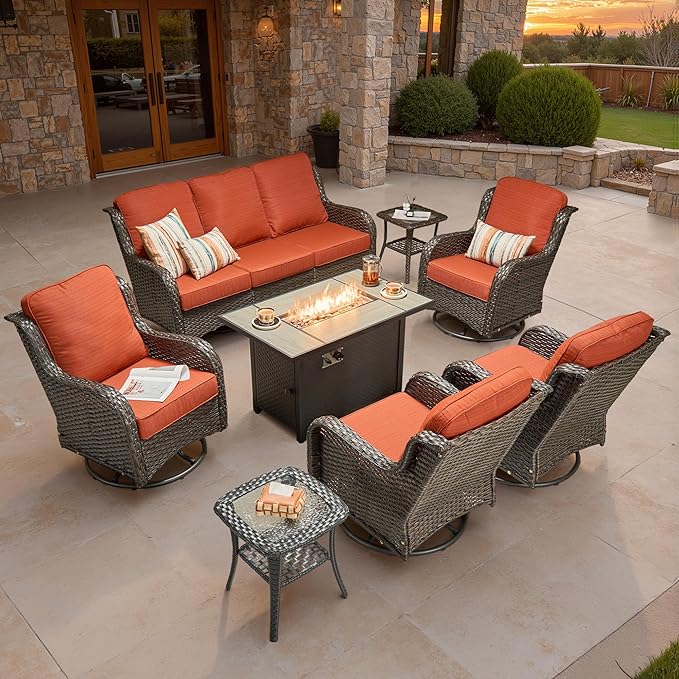 ovios 8-Piece Patio Furniture Set with Swivel Chairs Coffee Table, Outdoor Wicker Sofa with 42" Fire Pit Table, High Back Couch Modern Conversation Sets, Brown/Orange Red
