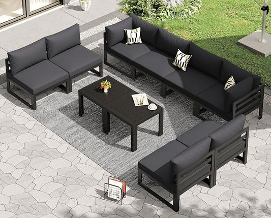 RADIATA 10 Pcs L-Shaped Contemporary Aluminum Outdoor Furniture Set, 29" Deep Wide Large Couch Set, 500 lbs High Weight Capacity Modular Patio Sectional Sofa with Side Table for Garden Yard, Dark Gray