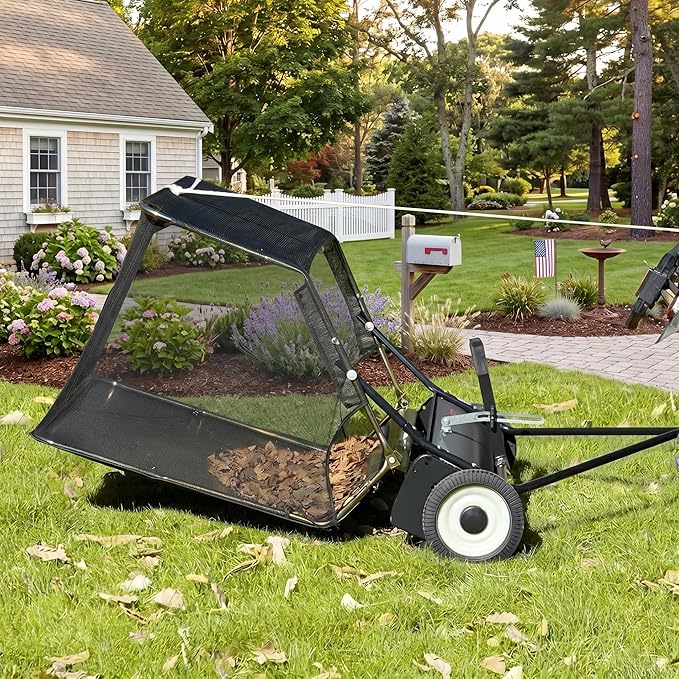 Garvee 50 Inch Lawn Sweeper Tow Behind, 26 cu.ft. Large Pull Behind Grass Sweeper, Heavy Duty Leaf & Grass Collector with Dumping Rope Design, Adjustable Sweeping Height for Picking Up Debris & Grass