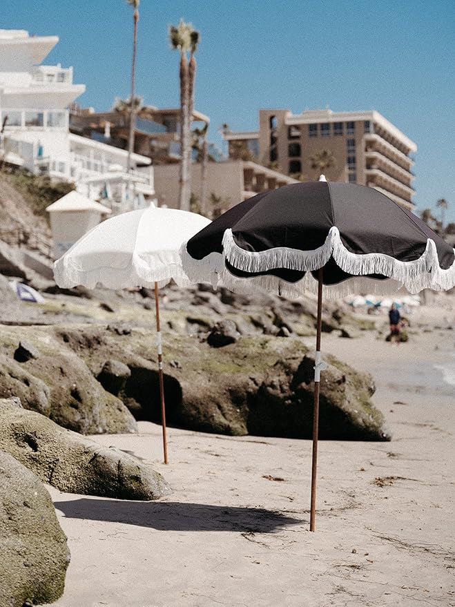 Business & Pleasure Co. Holiday Umbrella - Boho Beach Umbrella with White Fringe, UPF 50+, 1" Tilting Wood Pole, 5’ x 6.5’, Vintage Black