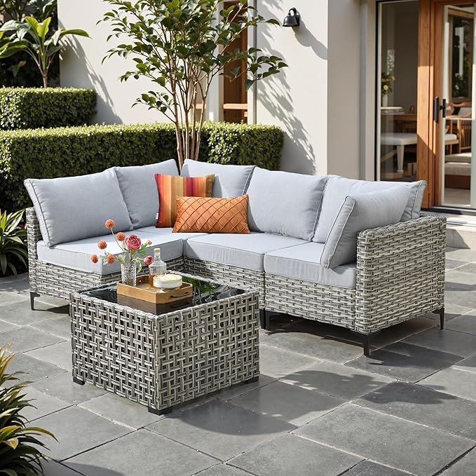 Outdoor Patio Furniture Sets,5 PCS Patio Conversation Set Outside Rattan Sectional Sofa with Coffee Table Fit Backyard Porch Garden Poolside Balcony