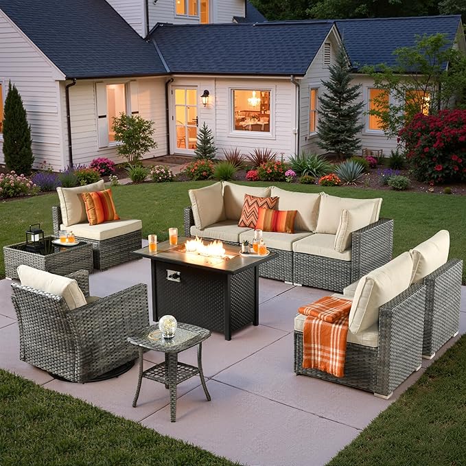 10 PCS Outdoor Patio Furniture Sets with 42'' Fire Pit Table,Wicker Weather Resistant Patio Conversation Set with Wicker Rocking Chair,Modular L Shaped Sofa with Coffee Table for Yard,Beige