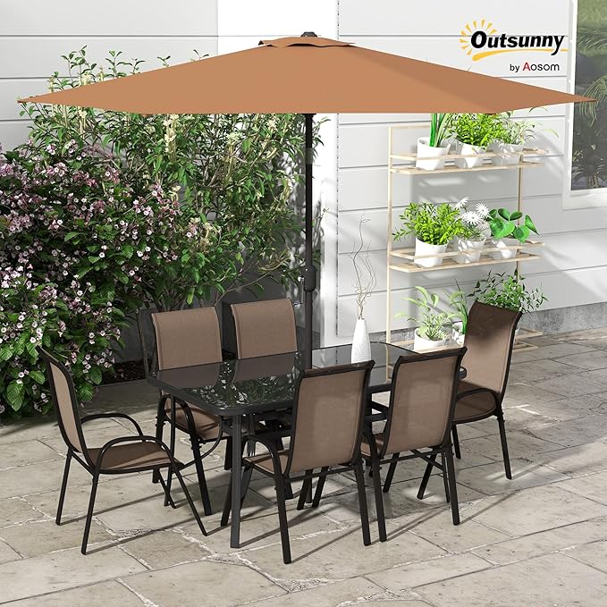 Outsunny 8 Pieces Patio Table and Chairs Set with 9 Ft Patio Umbrella, Outdoor Dining Set with 4.6 Ft Dining Table and 6 Chairs, Push Button Tilt and Crank Parasol, Tempered Glass Top, Mixed Brown