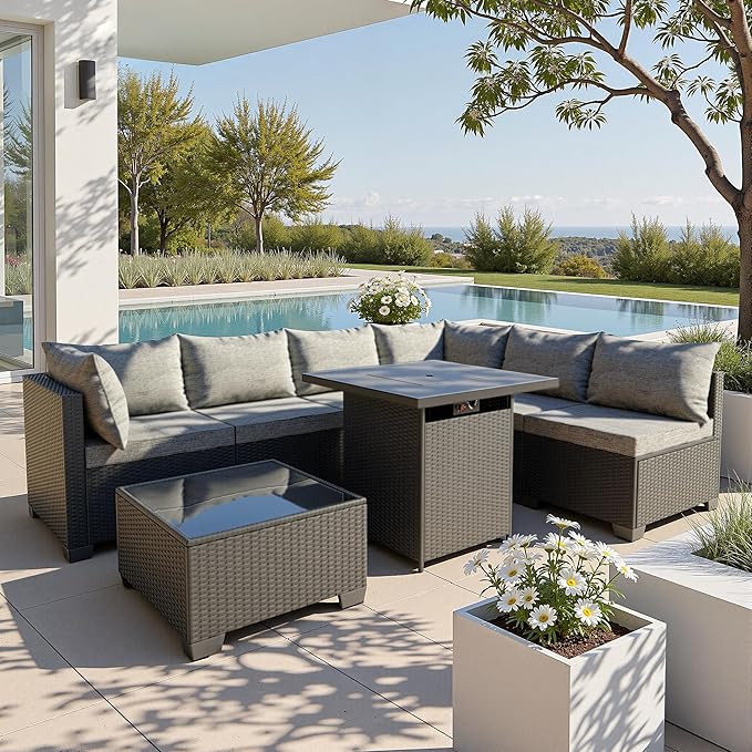 8 Piece Patio Furniture Set with 50000 BTU Fire Pit Table, Wicker Outdoor Patio Conversation Set with Propane Fire Pit, Waterproof Rattan Patio Couch Set for Backyard, Deck & Garden