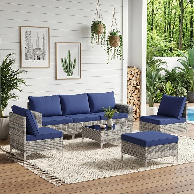 Vikiullf Patio Conversation Sets, Outdoor Furniture Set with Thick Cushions, Wicker Patio Sectional Sofas with Coffee Table for Backyard, Poolside, Garden (Grey & Blue, 7 Pieces)