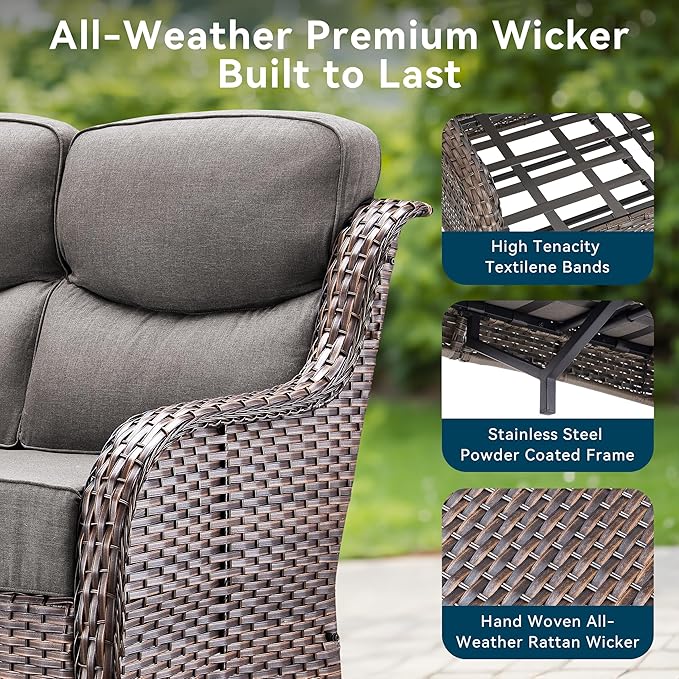 Luxury Outdoor Patio Furniture Set-Wicker High Backrest 3-Seat Patio Sofa with Comfy 6" Cushion, Rattan Couch with Deep Seat All-Weather Patio Conversation Set for Deck Backyard Garden(Brown/Grey)