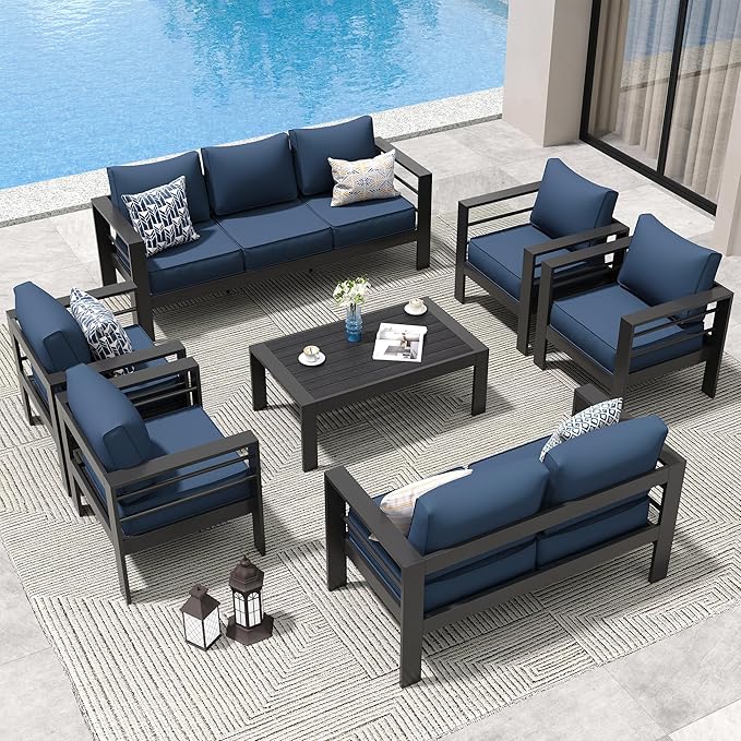 Amopatio Aluminum Patio Furniture Set, 10 Pieces Modern Patio Conversation Sets, Outdoor Sectional Metal Sofa with Coffee Table for Balcony, Garden, Dark Grey&Blue (Included Waterproof Covers)