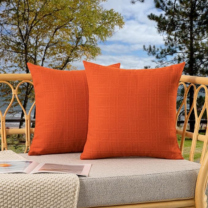 Kevin Textile Outdoor Waterproof Pillow Covers Pack of 2 Checkered Decorative Euro Sham Cushion Throw Pillowcases Shell for Patio Tent Garden Couch Bed Sofa 26x26 Inch Orange