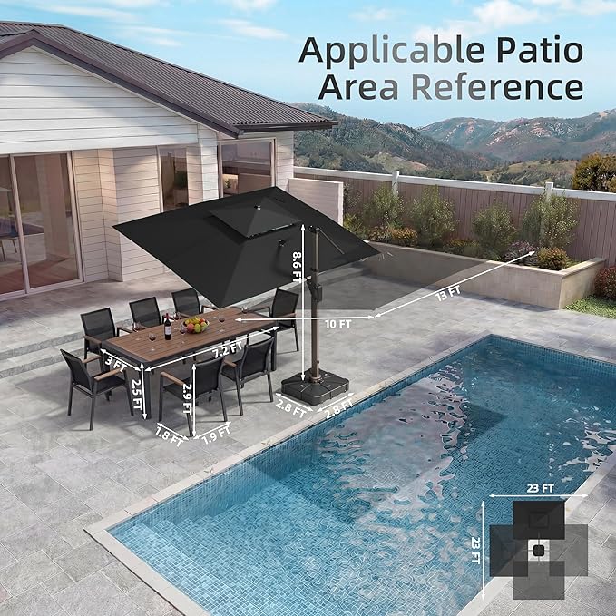 10 X 13 FT Cantilever Patio Umbrella with Base Included & Led Lights Outdoor Rectangle Offset Large Double Top Heavy Duty Umbrellas 360°Rotation for Pool Deck Backyard Garden,Black
