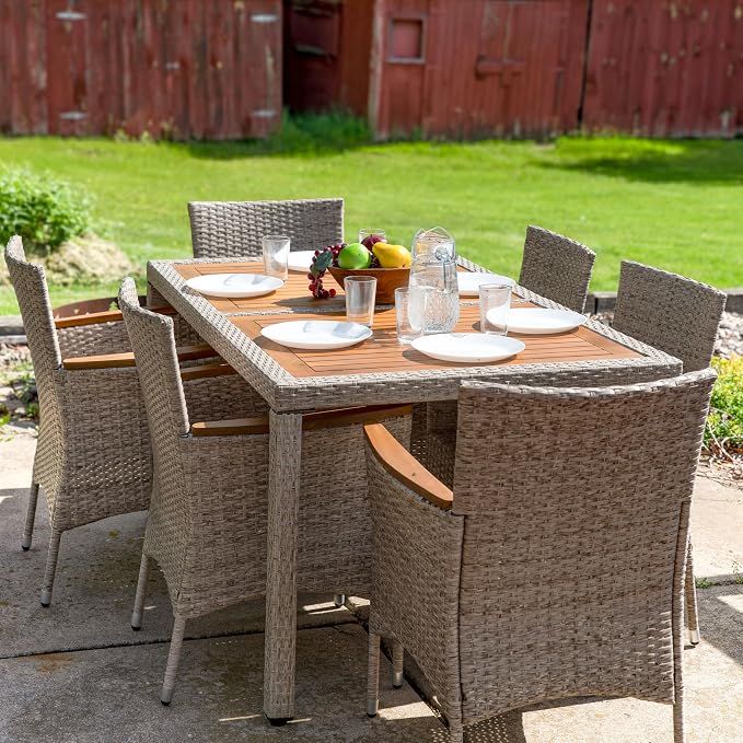 Sunnydaze Foxford 7-Piece Rattan and Acacia Outdoor Dining Set - 1 Table and 6 Chairs with 6 Thick Seat Cushions