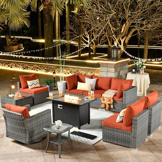 ovios 10 Piece Outdoor Patio Furniture Set with Fire Pit Table,Conversation Sectional Wicker Couch with Swivel Chairs,Modern Outside Sofa for Balcony Backyard, Orange