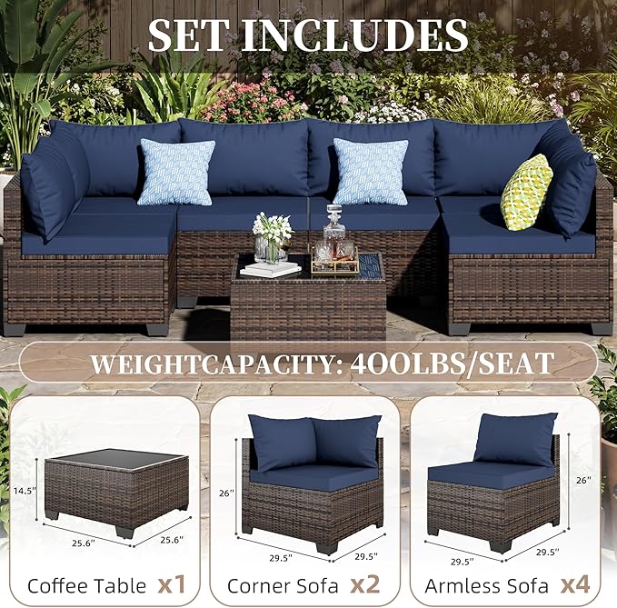 7 Pieces Patio Furniture Set - Outdoor Sectional Wicker Rattan Furniture with Cushion and Glass Table Patio Conversation Sets for Porch Poolside Backyard Outdoor Sofa Set Modular Sofa
