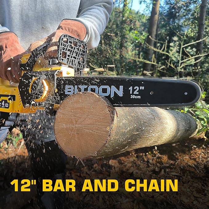 BITOON 12-Inch Chainsaw with 2PCS 4.0Ah Battery and Charger, Auto-Oiler, Brushless Cordless 12" Compact Chain Saw, Portable Electric Chainsaws for Cutting Wood, Branches Yellow