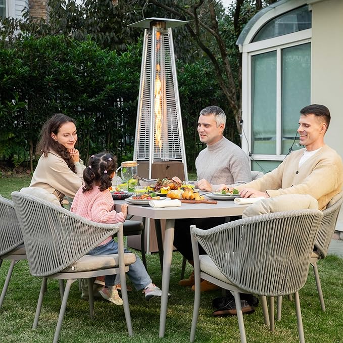 Nuu Garden Pyramid Propane Patio Heater 48,000 BTU with Wheels, Outdoor Glass Tube Heating Tower for Deck, Porch, Camping, Backyard, Stainless Steel Burner, Wood-Grain Finish