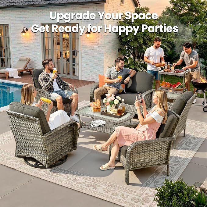 Weaxty Wicker Patio Furniture Set with Swivel Rocker Chairs Outdoor Loveseat Sofa and Rattan Coffee Table, 5 Pieces Outdoor Conversation Sets for Patio Porch Deck Backyard Poolside,Beige