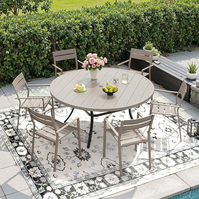 DIFY 7 Piece Outdoor Patio Dining Set for 6, Patio Table and Chairs Set with Umbrella Hole, 50" Round Dining Table and Stackable Metal Chairs for Backyard Garden Poolside, Grey Wood-Like & Sandshell