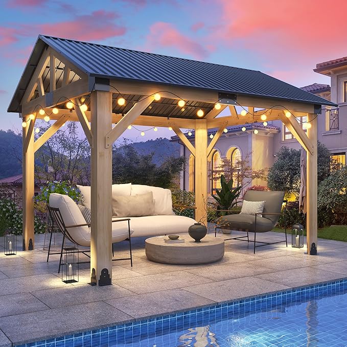 COVERONICS 10’x12’ Outdoor Wood Gazebo - Hardtop Patio Gazebos with Galvanized Steel Roof, Cedar Wooden Gazebo for Garden, Porch, Patio and Deck