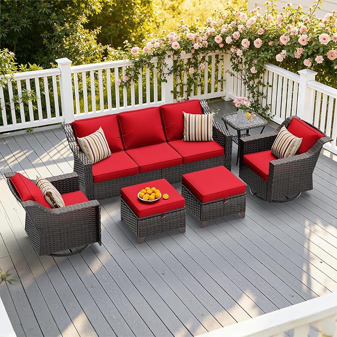 6 Pieces Patio Conversation Furniture Set - 1 Sofa, 2 Swivel Chairs, 2 Ottomans, 1 Side Table, Outdoor Wicker Furniture with Removable Cushions for Porch, Balcony, Sunroom (Red)