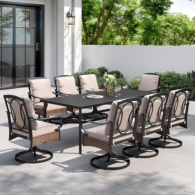 PHI VILLA 9 Piece Patio Dining Set, 83" Rectangular Metal Dining Table with Umbrella Hole, 8 Swivel Chairs with Waterproof Cushions, All Weather Outdoor Furniture for Deck, Backyard