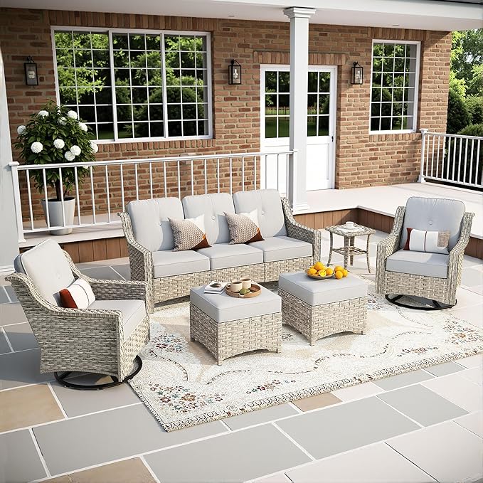 6-Piece Patio Furniture Set, Outdoor Conversation Set Sectional Sofa with Rocking Chairs and Water Resistant Cushions, Gray